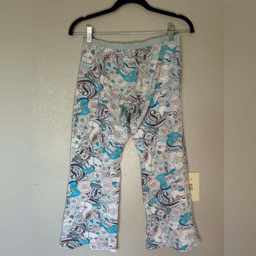 PJ Couture Cropped Wide Leg Rock & Roll Guitar Roses Thermal Loungewear Pajamas